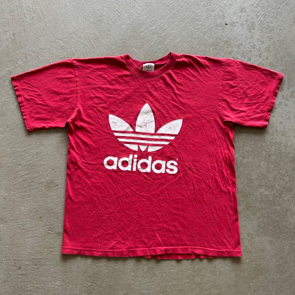 Vintage 90s Adidas Shirt Size Large Red White Big Logo Double Sided USA Made